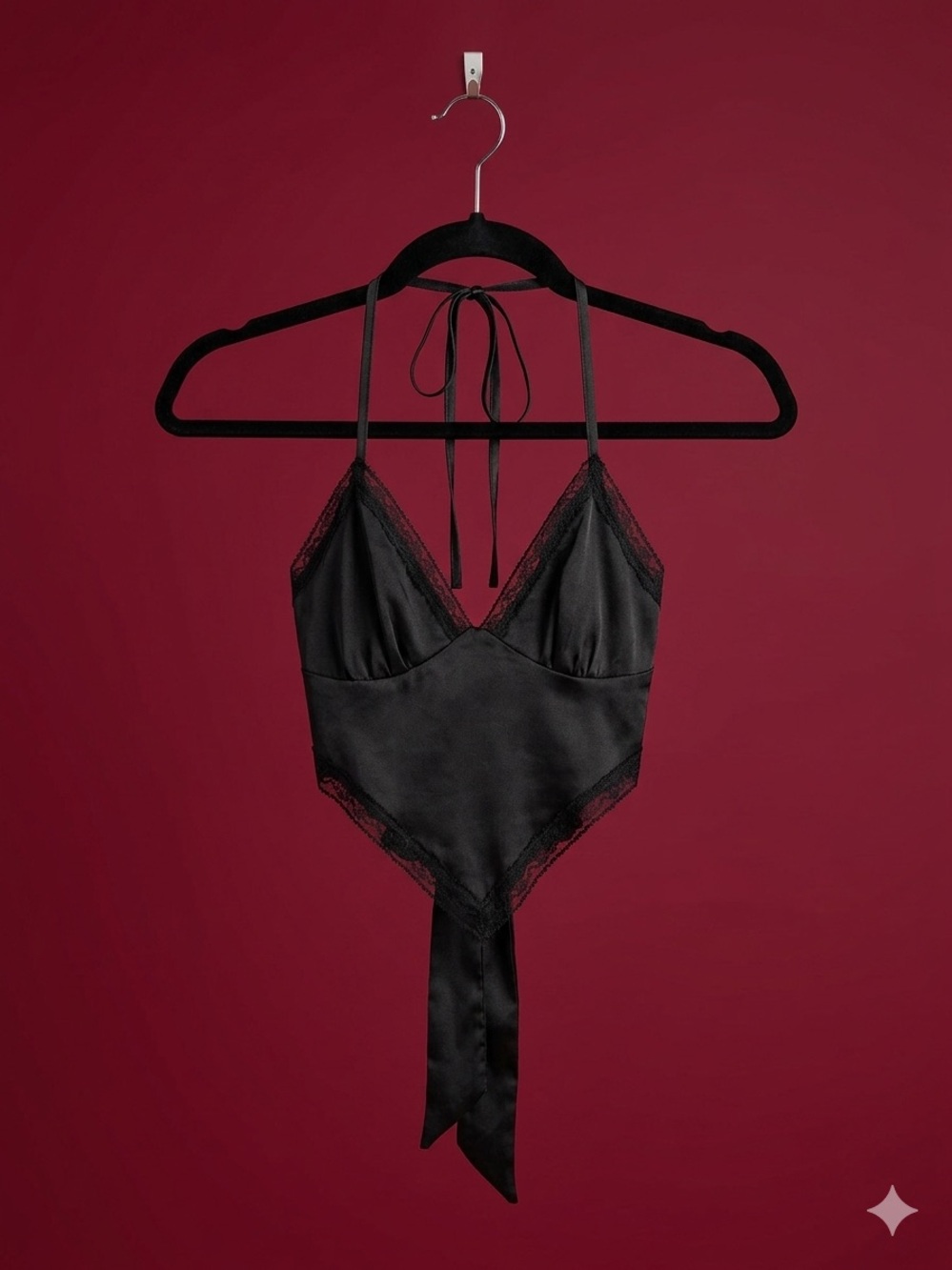 SHEIN Black Satin Lace-Trim Halter Bodysuit